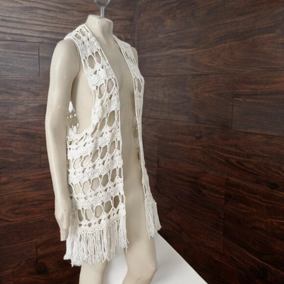 NEW Hand Knit Tasseled Open Front Long Boho Vest in White  SZ M - Picture 5 of 9